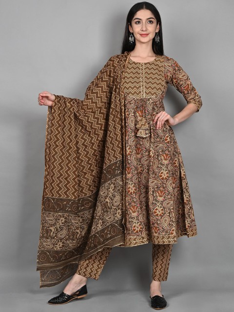 

Wyfees Women Brown Ethnic Motifs Printed Empire Pure Cotton Kurta with Trousers & With Dupatta