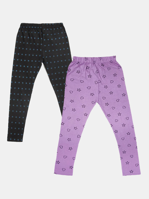 

FRENCH KLEIDER Girls Pack Of 2 Mauve & black Printed Pure Cotton Leggings