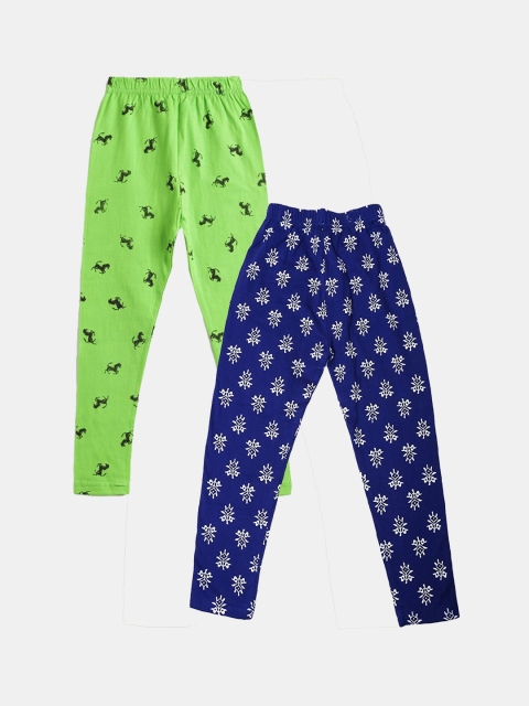 

FRENCH KLEIDER Girls Pack Of 2 Blue & green Printed Ankle-Length Pure Cotton Leggings