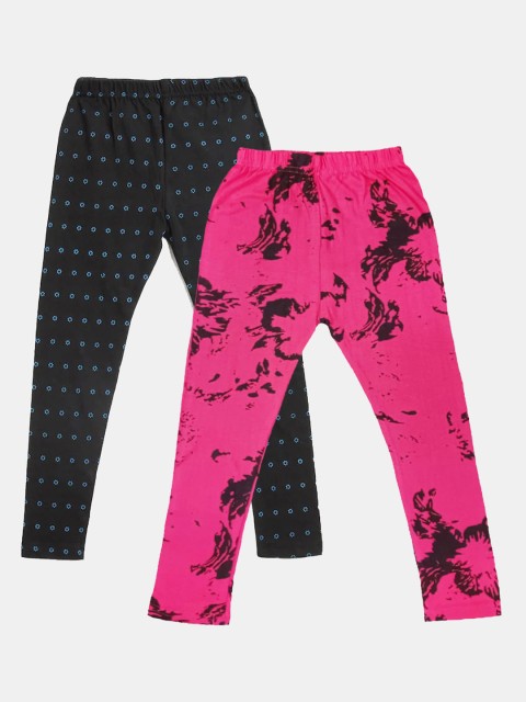 

FRENCH KLEIDER Girls Pack Of 2 Black & Pink Printed Ankle-Length Cotton Leggings, Magenta