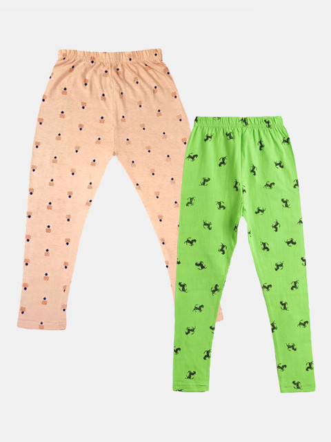 

FRENCH KLEIDER Girls Pack Of 2 Peach & green Printed Ankle-Length Pure Cotton Leggings
