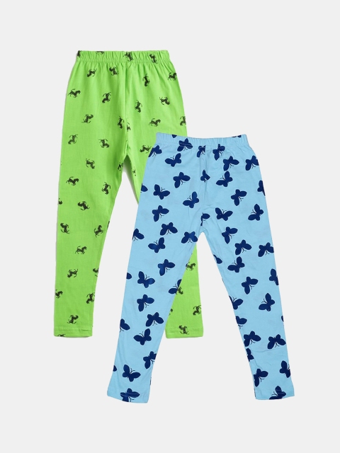 

FRENCH KLEIDER Girls Pack Of 2 Sky Blue & green Printed Pure Cotton Leggings