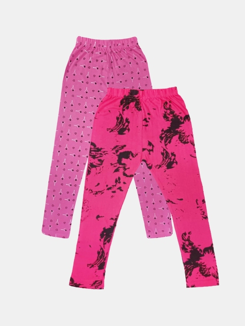 

FRENCH KLEIDER Girls Pack Of 2 Pink Printed Ankle-Length Cotton Leggings, Magenta