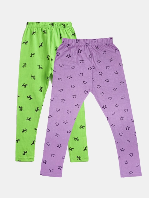 

FRENCH KLEIDER Girls Pack Of 2 Mauve & green Printed Pure Cotton Leggings