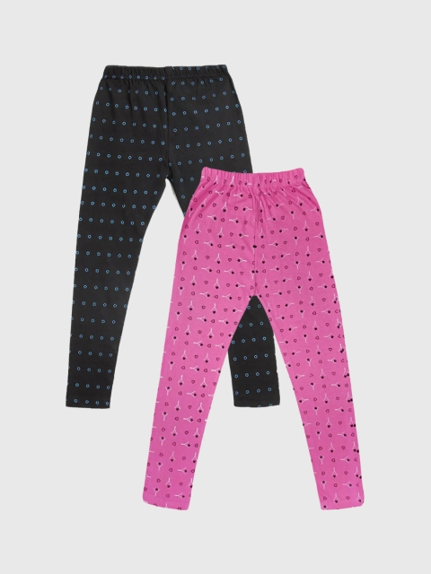 

FRENCH KLEIDER Girls Pack of 2 Black & Pink Printed Ankle-Length Leggings