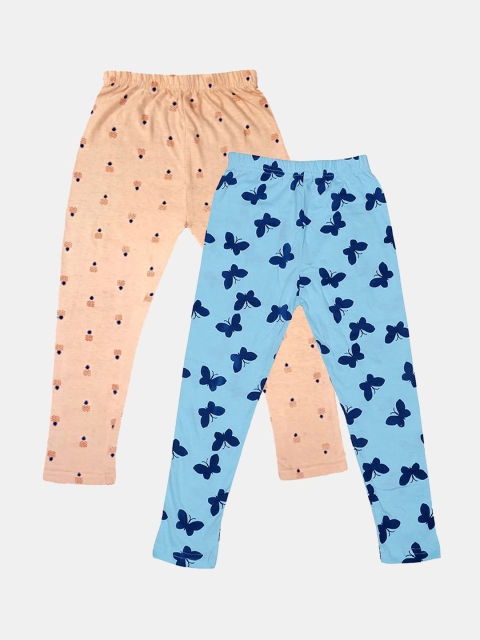 

FRENCH KLEIDER Girls Pack Of 2 Printed Pure Cotton Ankle Length Leggings, Blue