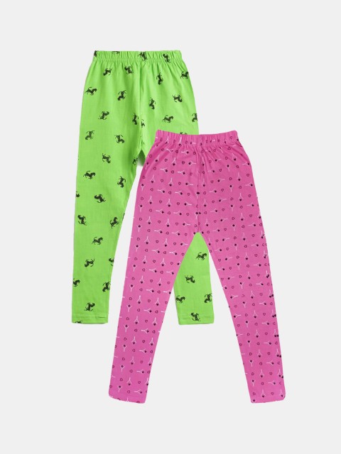 

FRENCH KLEIDER Girls Pack Of 2 Printed Ankle-Length Pure Cotton Leggings, Magenta