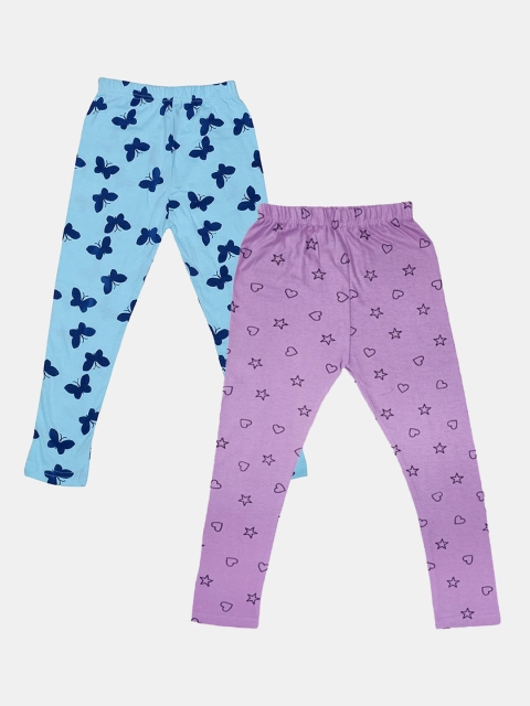 

FRENCH KLEIDER Girls Pack Of 2 Mauve & Blue Printed Pure Cotton Leggings