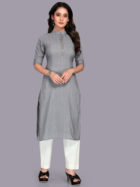 

Fashion FRICKS Women Grey Striped Pleated Kurti with Pyjamas