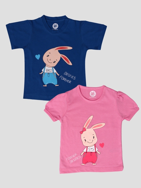 

YK Baby Infant Boys Pack Of 2 Pink & Blue Cute Bunny Sibling Collection Cotton T-shirt