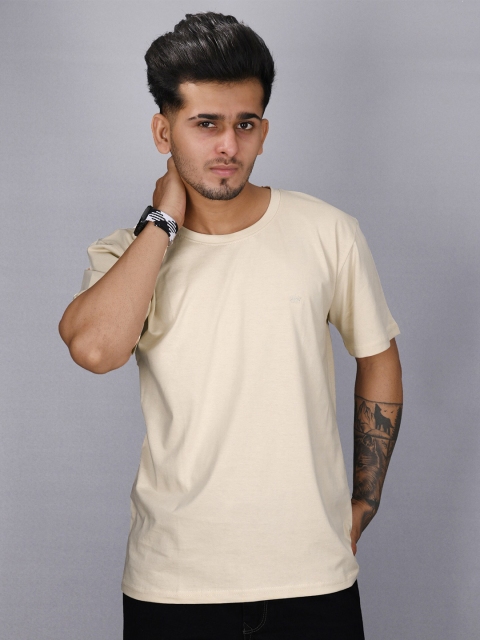 

FRENCH CROWN Men Cream-Coloured Solid Cotton T-shirt