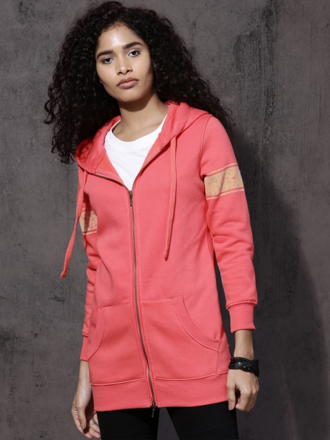 

Roadster Women Coral Pink Solid Hooded Sweatshirt