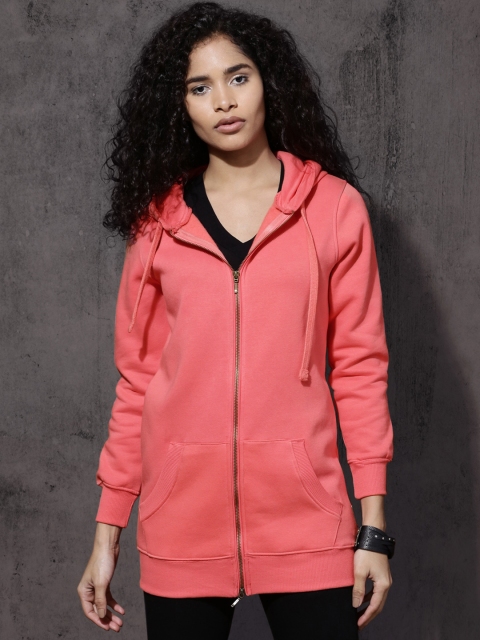 

Roadster Women Coral Pink Solid Hooded Sweatshirt
