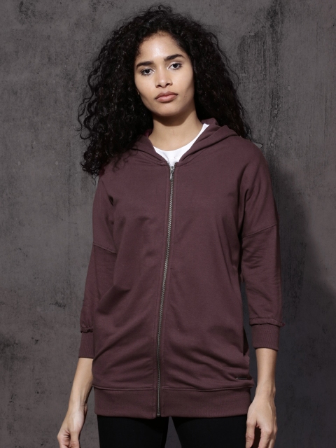 

Roadster Women Burgundy Solid Hooded Sweatshirt