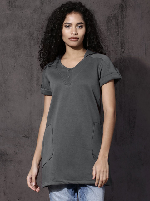 

Roadster Women Grey Melange Solid Hooded Sweatshirt
