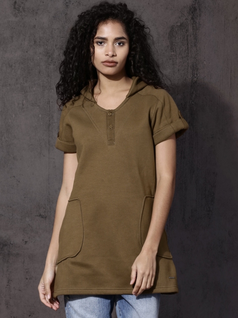 

Roadster Women Khaki Solid Hooded Sweatshirt