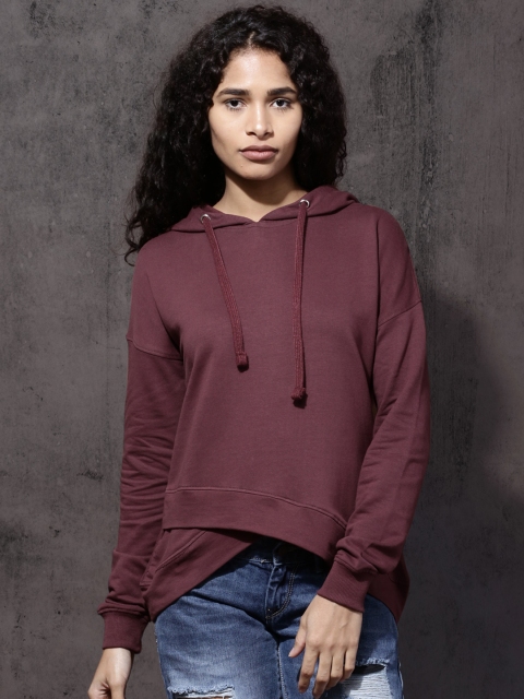 

Roadster Women Burgundy Solid Hooded Sweatshirt