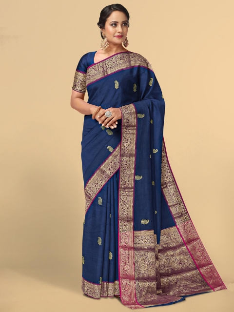 

Kalamandir Blue & Gold Ethnic Motifs Print Zari Pashmina Saree