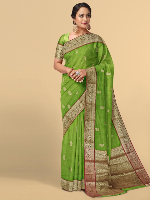 

Kalamandir Women Green & Gold-Toned Woven Design Zari Pashmina Saree