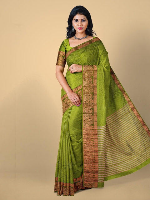 

Kalamandir Olive Green & Gold-Toned Self Design Zari Silk Blend Saree