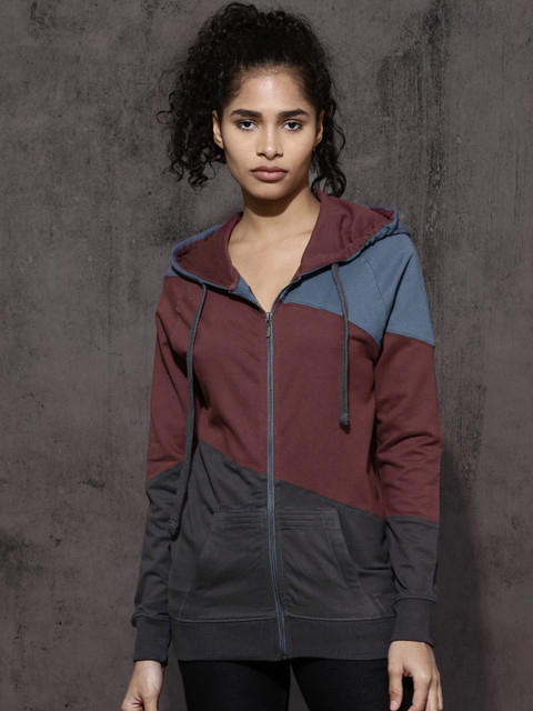 

Roadster Women Grey & Maroon Colourblocked Hooded Sweatshirt