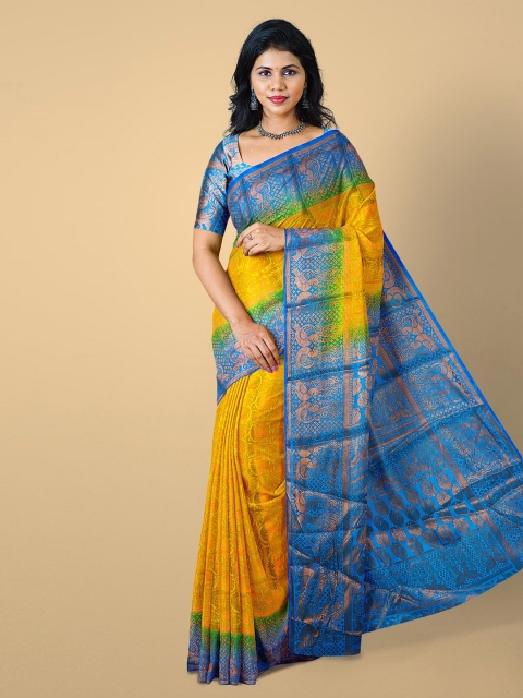 

Kalamandir Yellow & Blue Ethnic Motifs Zari Silk Blend Heavy Work Saree