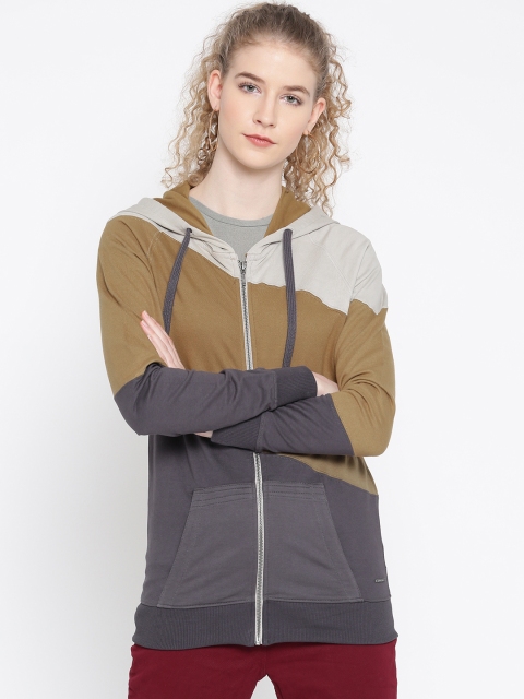 

Roadster Women Mustard Yellow & Charcoal Grey Colourblocked Hooded Sweatshirt