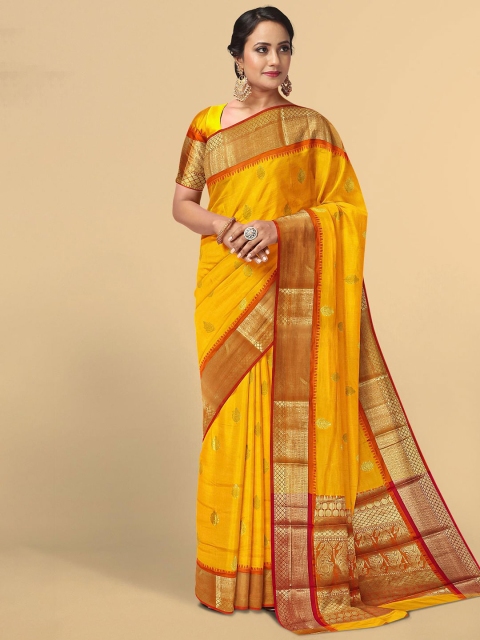 

Kalamandir Yellow And Gold Floral Zari Border Pashmina Saree