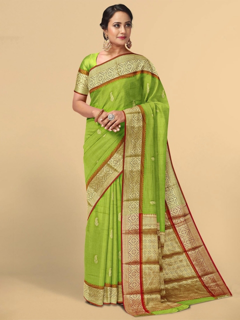 

Kalamandir Women Green & Gold-Toned Paisley Woven Design Zari Pashmina Saree