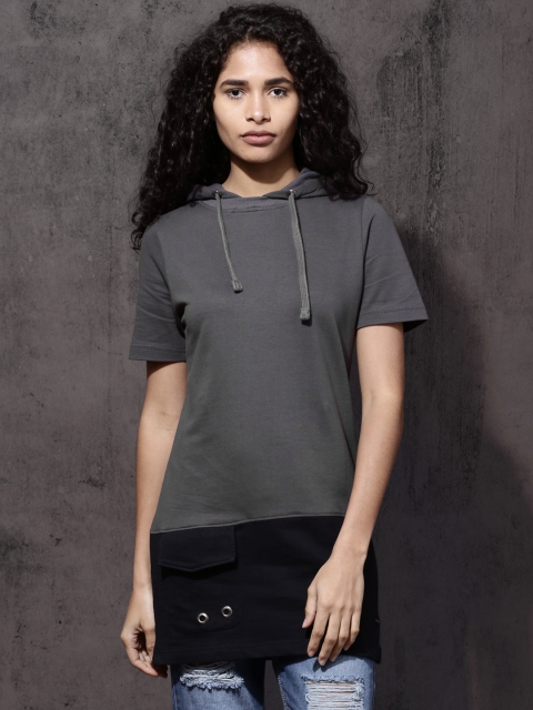 

Roadster Women Grey & Black Colourblocked Longline Hooded Sweatshirt