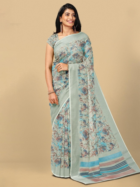 

Kalamandir Blue & Cream-Coloured Floral Zari Linen Blend Saree