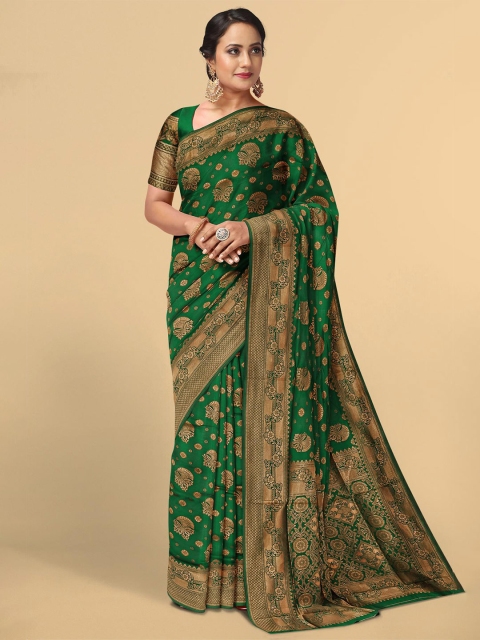 

Kalamandir Green & Gold-Toned Floral Zari Silk Blend Saree
