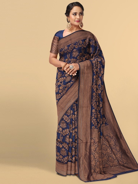 

Kalamandir Navy Blue & Gold-Toned Floral Zari Silk Blend Saree