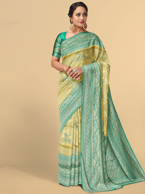 

Kalamandir Cream-Coloured & Green Floral Zari Silk Blend Saree