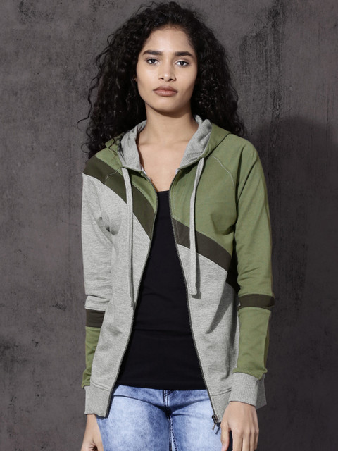 

Roadster Women Grey Melange & Olive Green Colourblocked Hooded Sweatshirt