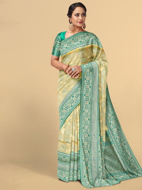 

Kalamandir Cream-Coloured & Green Floral Zari Silk Blend Saree