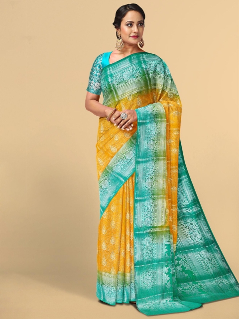 

Kalamandir Mustard & Green Floral Zari Silk Blend Saree