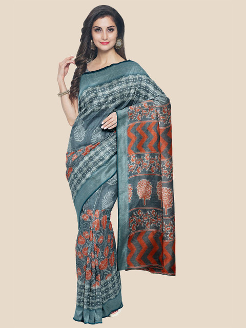 

Kalamandir Grey & Orange Ethnic Motifs Zari Linen Blend Saree