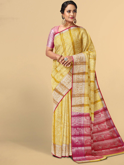 

Kalamandir Yellow & Pink Ethnic Motifs Zari Silk Blend Saree