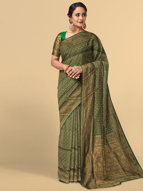 

Kalamandir Green & Gold-Toned Floral Zari Silk Blend Saree