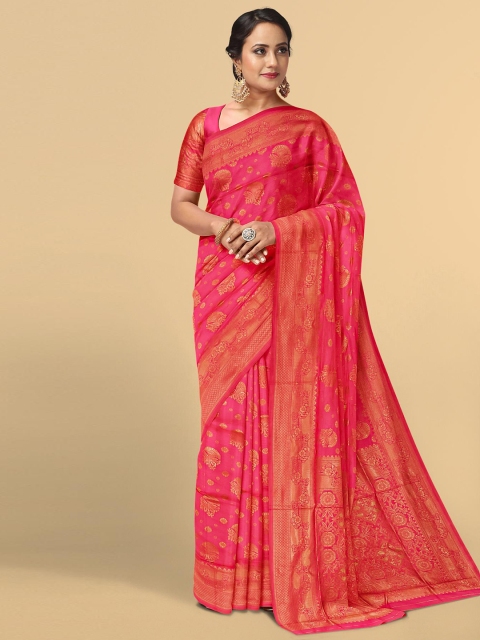 

Kalamandir Coral & Gold-Toned Ethnic Motifs Zari Silk Blend Saree