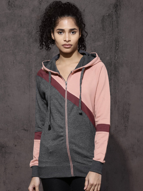 

Roadster Women Grey & Peach-Coloured Colourblocked Hooded Sweatshirt