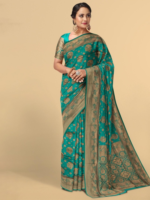 

Kalamandir Teal & Gold-Toned Floral Zari Silk Blend Saree