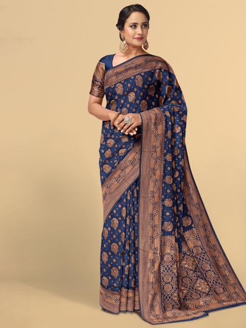 

Kalamandir Navy Blue & Gold-Toned Floral Zari Silk Blend Saree