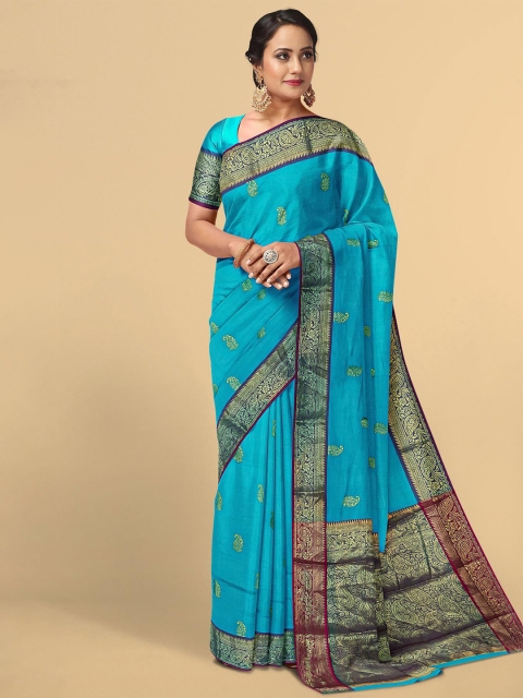 

Kalamandir Blue & Gold-Toned Pashmina Floral Zari Saree