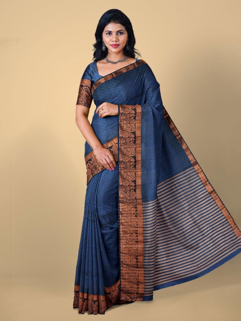 

Kalamandir Navy Blue & Gold-Toned Woven Design Zari Silk Blend Saree