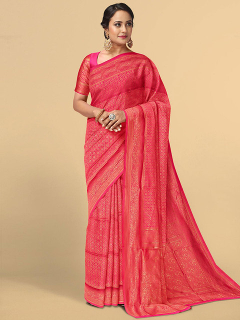 

Kalamandir Coral & Gold-Toned Woven Design Zari Silk Blend Saree