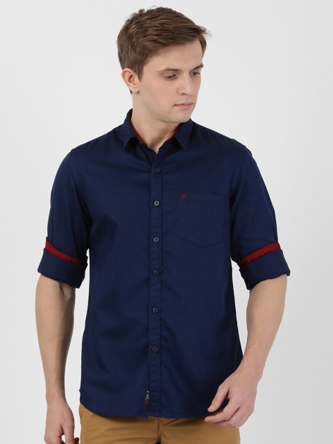 

t-base Men Navy Blue Solid Standard Cotton Casual Shirt