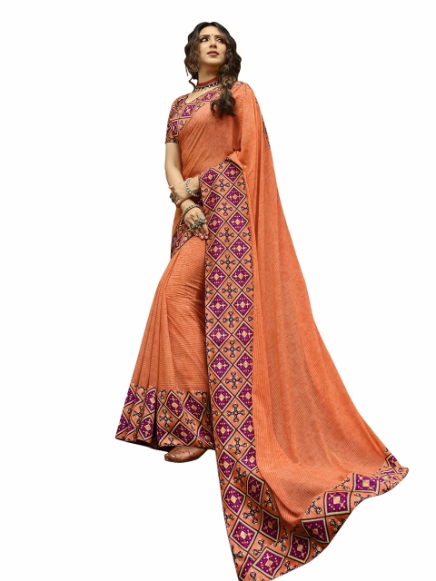

Zainab chottani Orange & Pink Floral Pure Georgette Block Print Saree