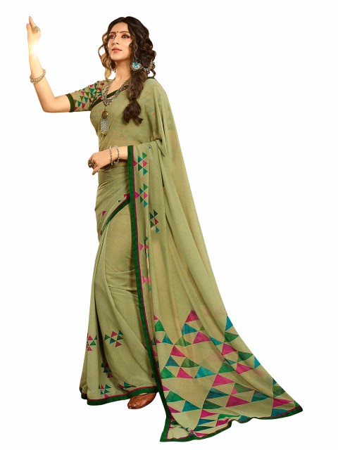 

Zainab chottani Green & Pink Pure Georgette Block Print Saree